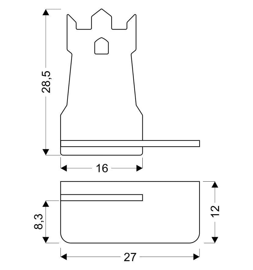 Kinkiet LED Tower w kolorze niebieskim, o wymiarach 28,5 cm wysokości i 16 cm szerokości. Posiada prostą podstawę oraz dekoracyjny element w kształcie wieży. Widok frontalny, ukazujący szczegóły konstrukcji oraz wymiary.