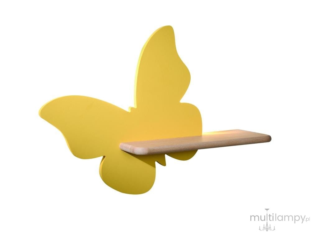 Kinkiet LED Butterfly w kształcie motyla, w kolorze żółtym, z drewnianą półką. Produkt zamontowany na ścianie, z wbudowanym źródłem światła. Prosty, nowoczesny design, idealny do dziecięcego pokoju.