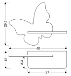 Kinkiet LED w kształcie motyla, złoty, o wymiarach 29,5 cm wysokości i 40 cm szerokości. Posiada prostą, płaską podstawę o wymiarach 27 cm na 12 cm. Zainstalowany w pozycji wiszącej, idealny do nowoczesnych aranżacji.