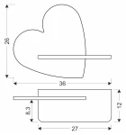 Różowy kinkiet LED w kształcie serca o wymiarach 36x26 cm, z zamocowaną poziomą listwą, montowany na ścianie. Wbudowane oświetlenie, minimalistyczny design, idealny do dziecięcego pokoju lub jako dekoracja.
