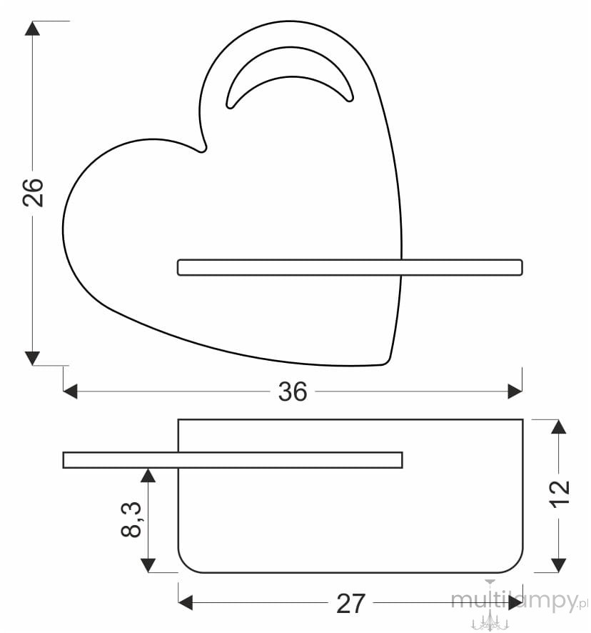 Niebieski kinkiet LED w kształcie serca, o wymiarach 36 cm szerokości i 26 cm wysokości. Produkt montowany na ścianie, z płaskim panelem. Wysokość podstawy wynosi 12 cm, a szerokość 27 cm. Idealny do dekoracyjnego oświetlenia wnętrz.
