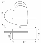 Niebieski kinkiet LED w kształcie serca, o wymiarach 36 cm szerokości i 26 cm wysokości. Produkt montowany na ścianie, z płaskim panelem. Wysokość podstawy wynosi 12 cm, a szerokość 27 cm. Idealny do dekoracyjnego oświetlenia wnętrz.