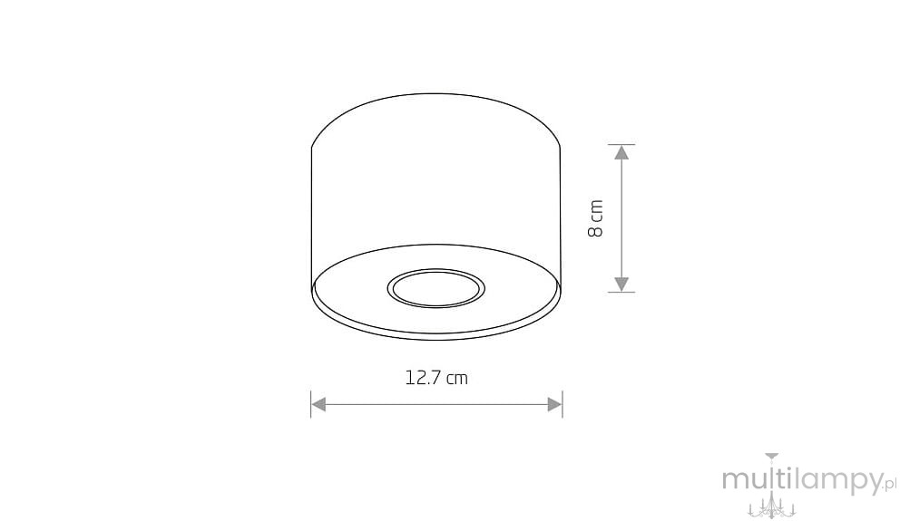 Lampa sufitowa 1-punktowa w kolorze białym, o średnicy 12,7 cm i wysokości 8 cm. Posiada okrągły kształt, z centralnym otworem do montażu. Prosta konstrukcja, idealna do nowoczesnych wnętrz.