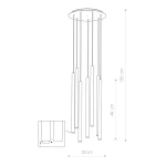 Lampa wisząca Laser 7-punktowa w kolorze czarnym. Składa się z pięciu cylindrycznych kloszy o różnych wysokościach, zawieszonych na cienkich linkach. Średnica podstawy 30 cm, długość całkowita 130 cm, z kloszami na wysokości 49 cm.