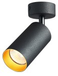Lampa sufitowa Eris 1-punktowa w kolorze czarnym z złotym wnętrzem. Cylindryczny kształt, wykończenie matowe. Zawieszona na okrągłej podstawie, z widocznym źródłem światła. Idealna do nowoczesnych wnętrz.