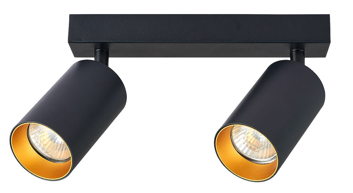 Czarna lampa sufitowa Eris z dwoma punktami świetlnymi, z metalowymi kloszami w kształcie cylindrów. Wnętrze kloszy w kolorze złotym. Montowana pod sufitem, w pozycji poziomej, idealna do nowoczesnych wnętrz.