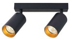 Czarna lampa sufitowa Eris z dwoma punktami świetlnymi, z metalowymi kloszami w kształcie cylindrów. Wnętrze kloszy w kolorze złotym. Montowana pod sufitem, w pozycji poziomej, idealna do nowoczesnych wnętrz.
