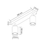 Lampa sufitowa Eris, 2-punktowa, w kolorze czarnym z złotymi akcentami. Prosta konstrukcja z dwoma cylindrycznymi kloszami o średnicy 55 mm, zamontowana na prostokątnej podstawie o wymiarach 295 mm na 25 mm. Idealna do oświetlenia wnętrz.
