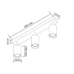 Lampa sufitowa Eris 3-punktowa w kolorze czarnym i złotym. Składa się z trzech cylindrycznych kloszy, zamontowanych na prostokątnej podstawie. Wymiary: długość 445 mm, wysokość klosza 100 mm, szerokość 55 mm.