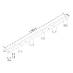 Lampa sufitowa Eris 6-punktowa w kolorze czarnym i złotym, z długą, prostokątną bazą o wymiarach 1200 mm, z sześcioma okrągłymi kloszami. Klosze są umieszczone równolegle do bazy, zapewniając równomierne oświetlenie.