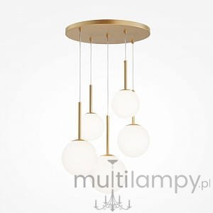 Lampa wisząca Basic form 5-punktowa w kolorze złotym, z pięcioma okrągłymi kloszami z matowego szkła. Zawieszona na cienkich linkach, z okrągłym, płaskim stelażem. Idealna do nowoczesnych aranżacji wnętrz.