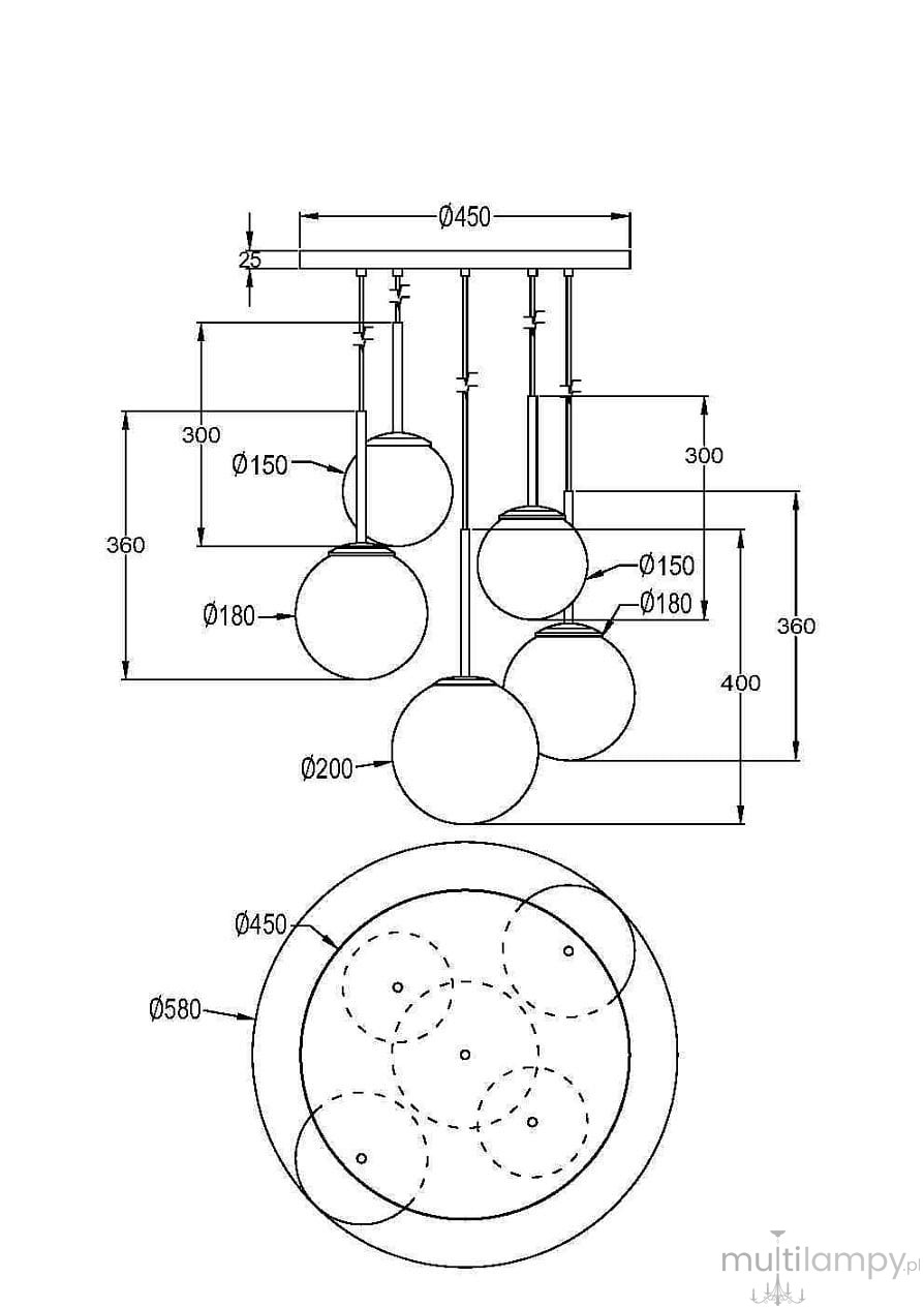 Lampa wisząca Basic form 5-punktowa w kolorze złotym, złożona z pięciu okrągłych kloszy o różnych średnicach, umieszczonych na regulowanych linkach. Wymiary: szerokość 450 mm, wysokość do najniższego klosza 360 mm.