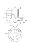 Lampa wisząca Basic form 5-punktowa w kolorze złotym, złożona z pięciu okrągłych kloszy o różnych średnicach, umieszczonych na regulowanych linkach. Wymiary: szerokość 450 mm, wysokość do najniższego klosza 360 mm.