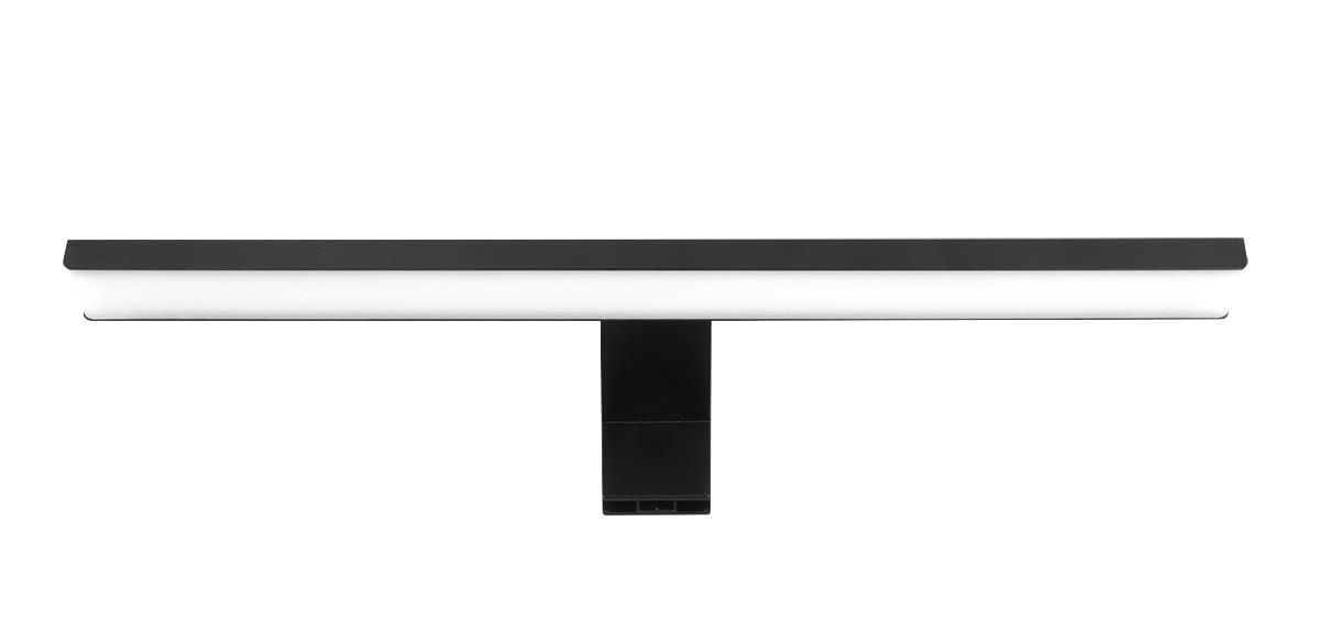 Kinkiet łazienkowy LED w kolorze czarnym, z prostokątną, matową obudową i białym źródłem światła. Ułożony poziomo, montowany na ścianie lub nad lustrem. Wodoodporny, klasyfikacja IP44, moc 8W, długość 40 cm.