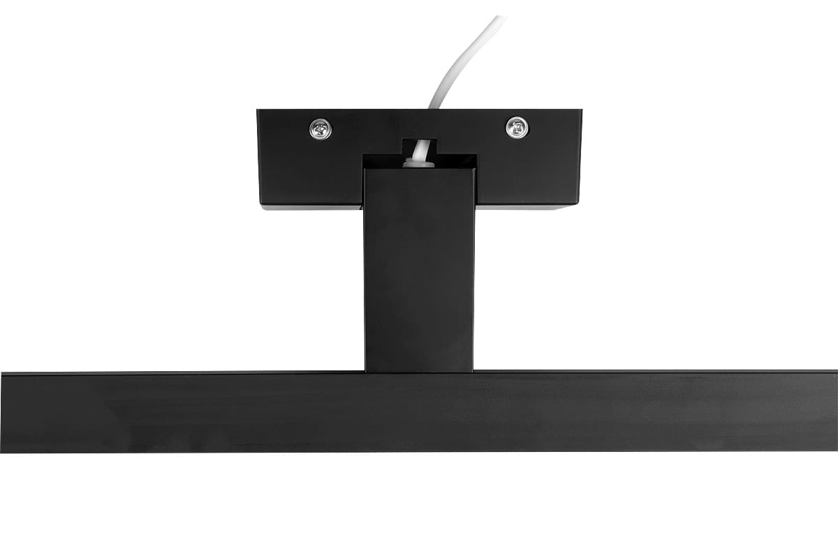 Kinkiet łazienkowy LED IP44 w kolorze czarnym, z prostokątną, matową obudową. Widok z góry, ukazujący mocowanie i przewód zasilający. Przeznaczony do montażu na lustrze lub ścianie, z wymiarami 50 cm i mocą 12W.