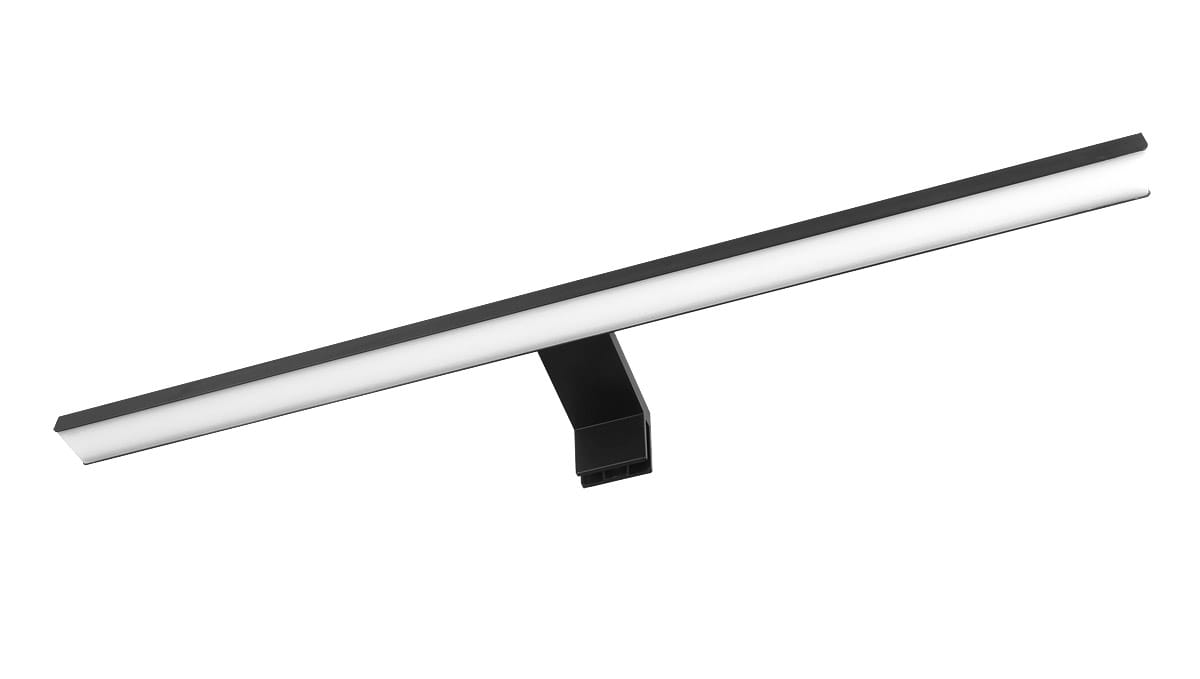 Czarny kinkiet łazienkowy LED o wymiarach L50 cm i mocy 12W, przeznaczony do montażu na lustrze lub ścianie. Posiada prostokątną, matową obudowę z białym kloszem, zapewniającym równomierne oświetlenie. Klasa szczelności IP44.