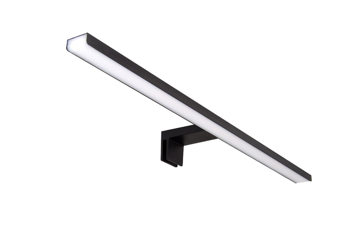 Besta kinkiet łazienkowy LED w kolorze czarnym, o długości 50 cm i mocy 12W, montowany na ścianie lub nad lustrem. Posiada prostokątny kształt z białym, matowym kloszem, umieszczony na metalowej podstawie.