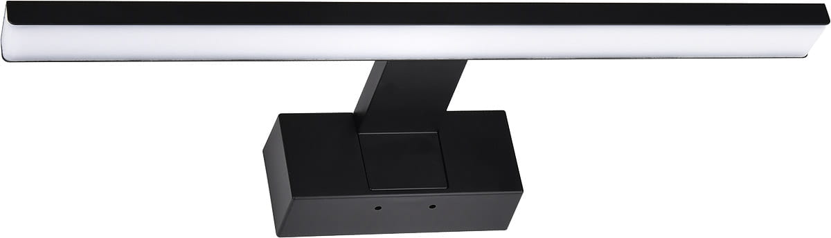Besta kinkiet łazienkowy LED IP44/L50/12W w kolorze czarnym, z prostokątną, matową obudową i białym kloszem, montowany na ścianie lub nad lustrem. Ujęcie frontalne, ukazuje detale konstrukcji i mocowania.