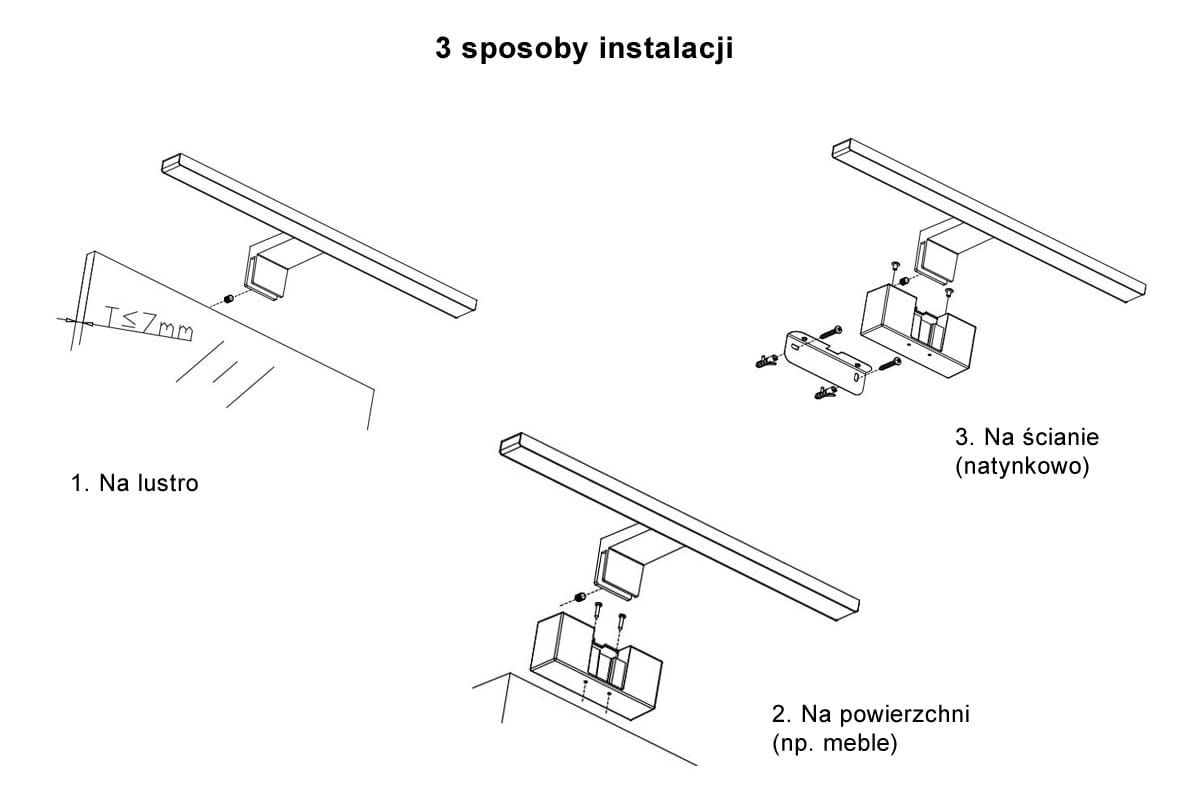 Kinkiet łazienkowy LED IP44/L50/12W w kolorze czarnym, przeznaczony do montażu na lustrze lub ścianie. Prosty, prostokątny design z możliwością instalacji w trzech różnych konfiguracjach. Oświetlenie idealne do strefy mokrej.
