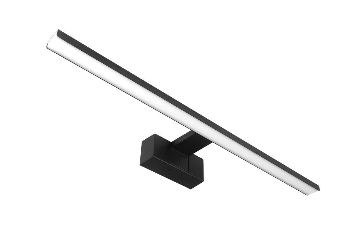 Besta kinkiet łazienkowy LED w kolorze czarnym, o długości 60 cm i mocy 15W. Umożliwia montaż na ścianie lub nad lustrem. Posiada prostokątną, płaską konstrukcję z białym źródłem światła oraz kwadratową podstawę.