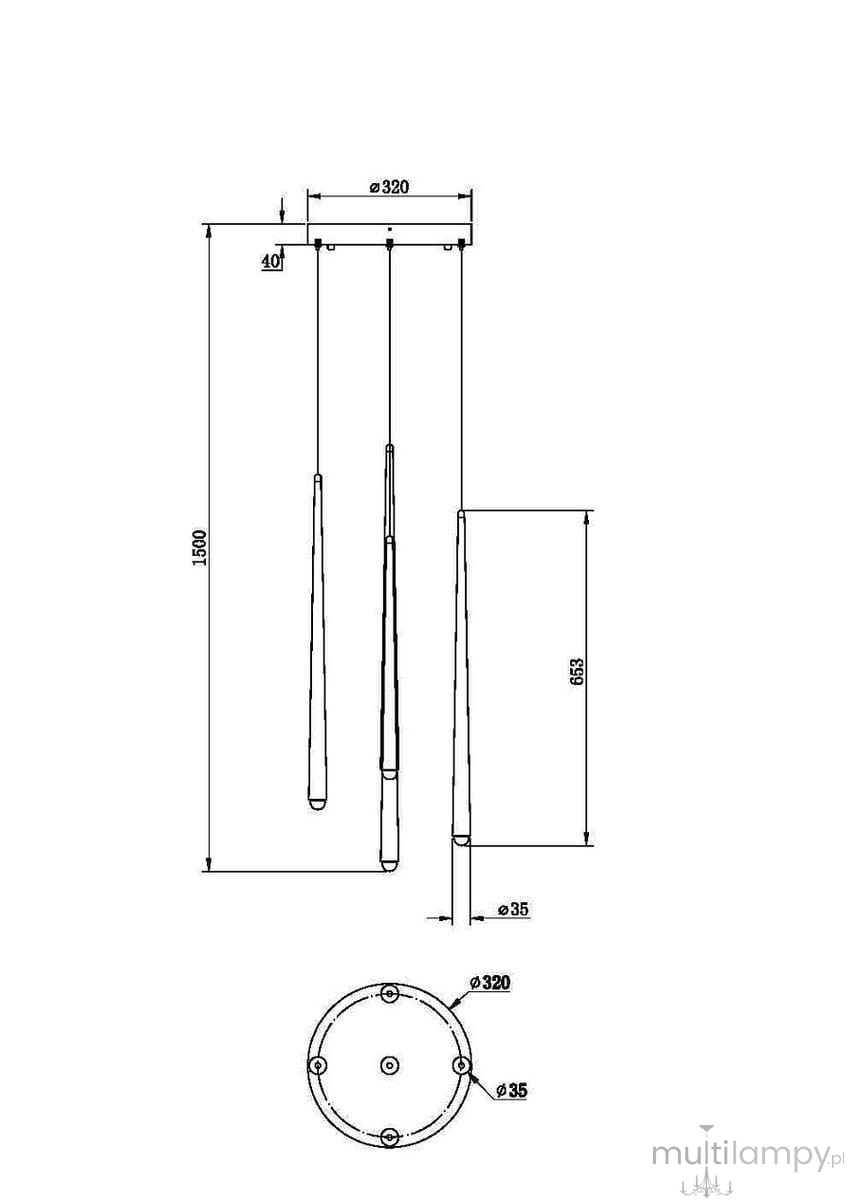 Czarna lampa wisząca Cascade LED, 5-punktowa. Składa się z pięciu smukłych, wiszących elementów o różnych długościach, mocowanych do okrągłej podstawy. Wymiary podstawy: średnica 320 mm, wysokość 1500 mm. Idealna do nowoczesnych wnętrz.