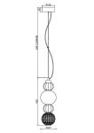 Złota lampa wisząca Collar LED P069PL-L17G3K, z dekoracyjnymi kulami: białą, czarną i przezroczystą. Produkt wisi na cienkim, zakrzywionym przewodzie. Wymiary: długość 450 mm, średnica kul 120 mm i 147 mm. Prosty, techniczny rysunek na białym tle.