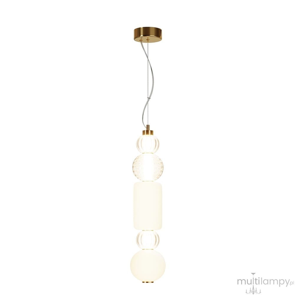 Lampa wisząca LED Collar w kolorze złotym, z okrągłym metalowym mocowaniem. Składa się z kilku szklanych elementów w różnych kształtach: przezroczystego, matowego i teksturowanego. Zawieszona na cienkim przewodzie, idealna do nowoczesnych wnętrz.