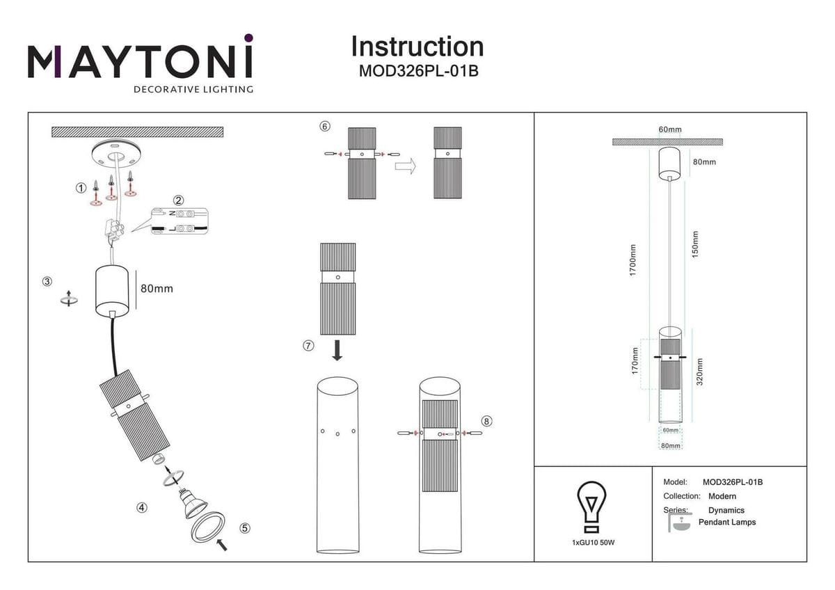 Czarna lampa wisząca Dynamics MOD326PL-01B, z cylindrycznym kloszem i metalowymi detalami. Ujęcie z boku, pokazujące zawieszenie i wymiary: wysokość 1700 mm, średnica 60 mm. Prosta konstrukcja, idealna do nowoczesnych wnętrz.