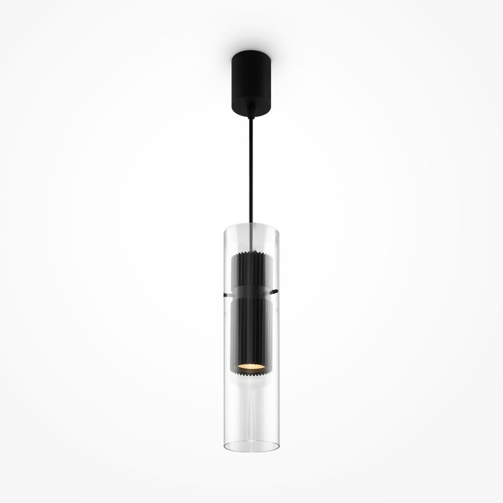 Czarna lampa wisząca Dynamics 1-punktowa MOD326PL-01B z przezroczystym kloszem, zawieszona na cienkim czarnym przewodzie. Klosz ma cylindryczny kształt, odsłaniając czarną oprawę z żarówką w środku. Tło białe, co podkreśla elegancki wygląd lampy.