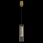 Lampa wisząca Dynamics MOD326PL-01MG w złotym kolorze, z przezroczystym kloszem. Posiada cylindryczny kształt, z widocznym źródłem światła wewnątrz. Produkt zawieszony na cienkim, czarnym przewodzie, z metalowym mocowaniem u góry.