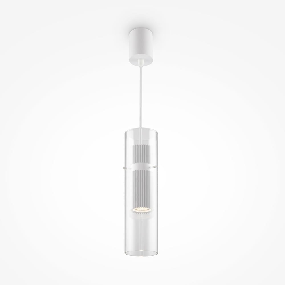 Lampa wisząca Dynamics MOD326PL-01W w kolorze białym, z cylindrycznym kloszem z przezroczystego szkła. Wisi na białym przewodzie, z widoczną źródłem światła wewnątrz. Prosta, nowoczesna forma, idealna do wnętrz.