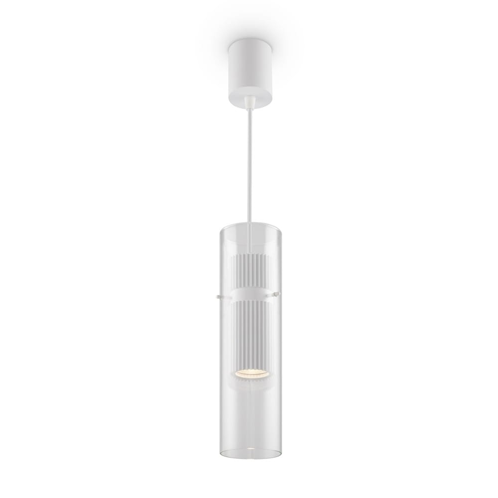 Lampa wisząca Dynamics 1-punktowa w kolorze białym z przezroczystym kloszem. Posiada cylindryczny kształt i metalowy uchwyt. Zawieszona na białym przewodzie, montowana do sufitu. Idealna do nowoczesnych wnętrz.