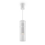 Lampa wisząca Dynamics 1-punktowa w kolorze białym z przezroczystym kloszem. Posiada cylindryczny kształt i metalowy uchwyt. Zawieszona na białym przewodzie, montowana do sufitu. Idealna do nowoczesnych wnętrz.