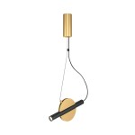 Lampa wisząca Enigma LED 1-punktowa w kolorze mosiądzu. Cylindryczny klosz u góry, czarna, pozioma rurka świetlna z okrągłą podstawą. Zawieszona na cienkim przewodzie, z minimalistycznym designem. Na białym tle.