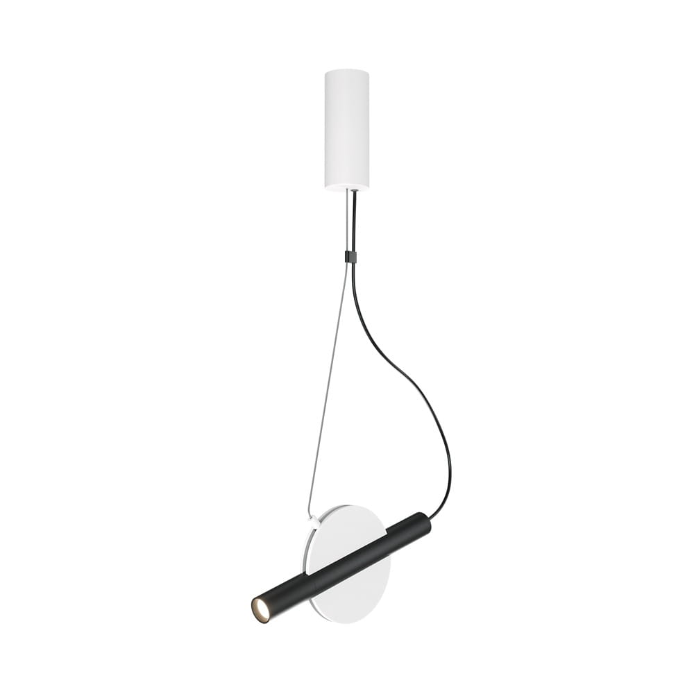 Biała lampa wisząca Enigma LED z czarnym, poziomym ramieniem i okrągłą, metalową podstawą. Zawieszona na cienkim przewodzie, z cylindrycznym kloszem u góry. Design minimalistyczny, idealna do nowoczesnych wnętrz.