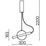 Biała lampa wisząca Enigma LED 1-punktowa z okrągłym kloszem i poziomym elementem świetlnym. Ujęcie z boku, pokazujące długość 220 cm i średnicę klosza 30 cm. Prosty, nowoczesny design, idealna do wnętrz.