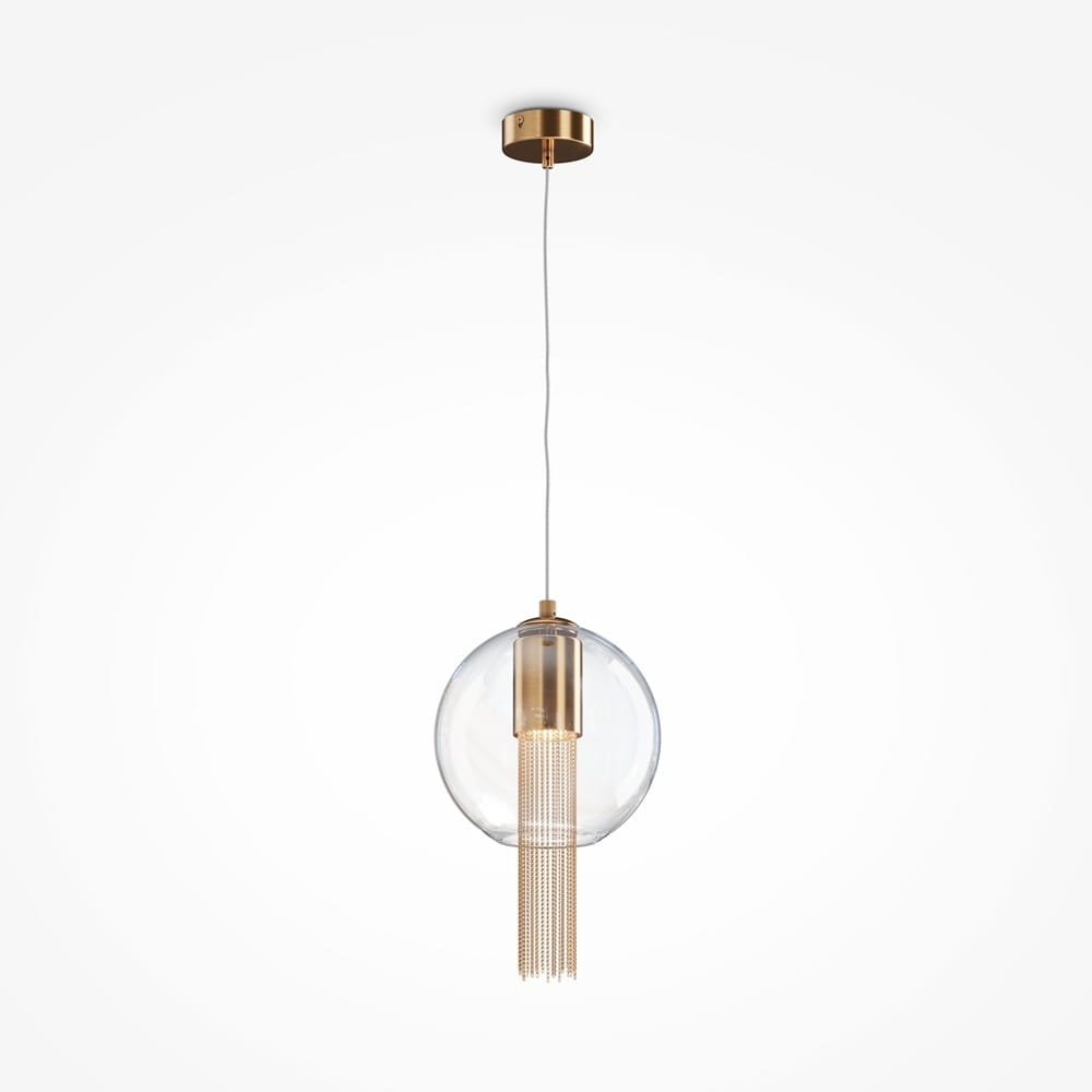 Lampa wisząca Flusso 1-punktowa w kolorze brązowym, z okrągłym, przezroczystym kloszem i złotymi detalami. Wyciągnięta na cienkim przewodzie, zawieszona pod sufitem, ukazuje dekoracyjne łańcuchy w dolnej części. Tło białe, minimalistyczne.