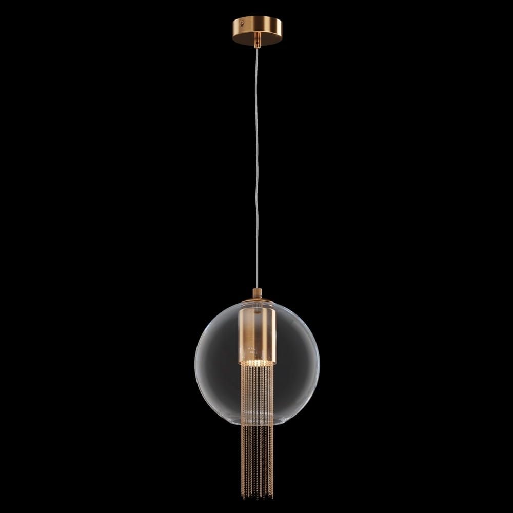 Lampa wisząca Flusso 1-punktowa, brązowa, z przezroczystym kloszem w kształcie kuli, zawieszona na cienkim kablu. Posiada złote detale u dołu, tworząc efektowne wykończenie. Idealna do nowoczesnych wnętrz.