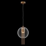 Lampa wisząca Flusso 1-punktowa, brązowa, z przezroczystym kloszem w kształcie kuli, zawieszona na cienkim kablu. Posiada złote detale u dołu, tworząc efektowne wykończenie. Idealna do nowoczesnych wnętrz.