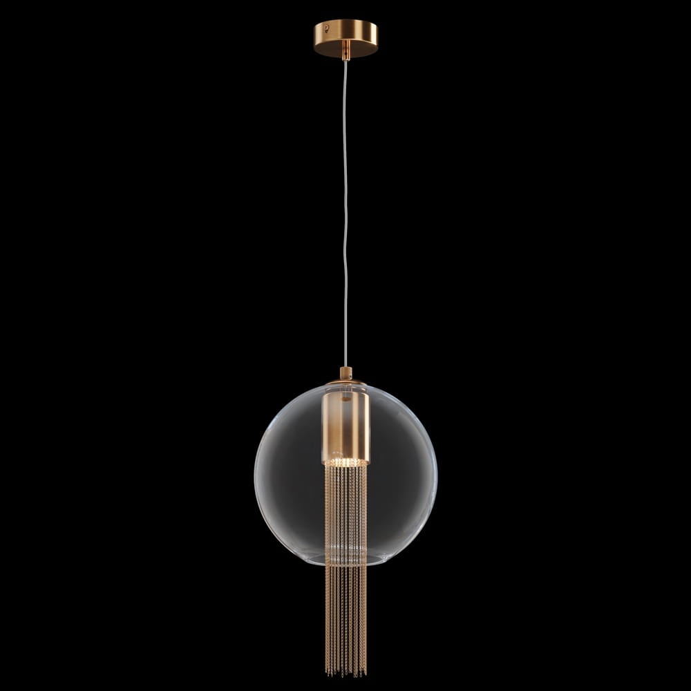 Lampa wisząca Flusso 1-punktowa w brązowym kolorze, z przezroczystym kloszem w formie kuli. Posiada złoty element zawieszający z dekoracyjnymi łańcuszkami. Zawieszona na cienkim przewodzie, montowana do sufitu. Idealna do nowoczesnych wnętrz.
