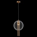Lampa wisząca Flusso 1-punktowa w brązowym kolorze, z przezroczystym kloszem w formie kuli. Posiada złoty element zawieszający z dekoracyjnymi łańcuszkami. Zawieszona na cienkim przewodzie, montowana do sufitu. Idealna do nowoczesnych wnętrz.