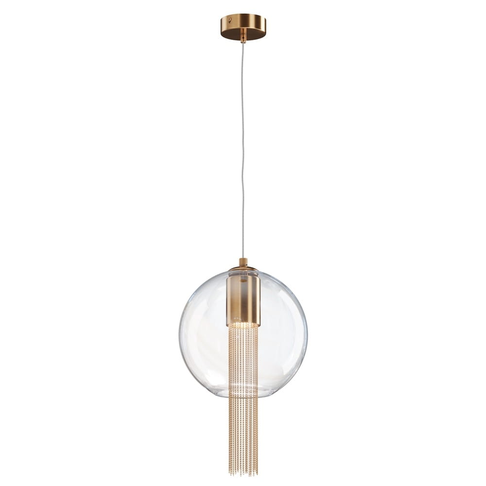 Lampa wisząca Flusso w kolorze brązowym z przezroczystym kloszem w kształcie kuli. Zawieszona na cienkim przewodzie, z metalowym wykończeniem. Posiada dekoracyjne łańcuszki zwisające z podstawy. Ujęcie frontalne, na białym tle.