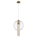 Lampa wisząca Flusso w kolorze brązowym z przezroczystym kloszem w kształcie kuli. Zawieszona na cienkim przewodzie, z metalowym wykończeniem. Posiada dekoracyjne łańcuszki zwisające z podstawy. Ujęcie frontalne, na białym tle.