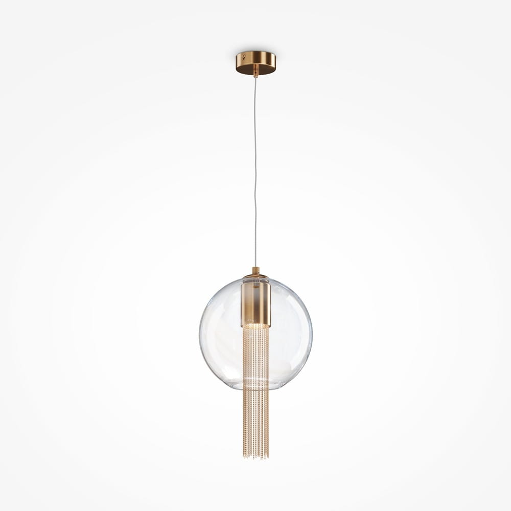 Brązowa lampa wisząca Flusso z przezroczystym kloszem w kształcie kuli, z metalowym elementem u góry i wiszącymi łańcuszkami. Zawieszona na cienkim przewodzie z sufitu, prezentuje elegancki, nowoczesny styl.