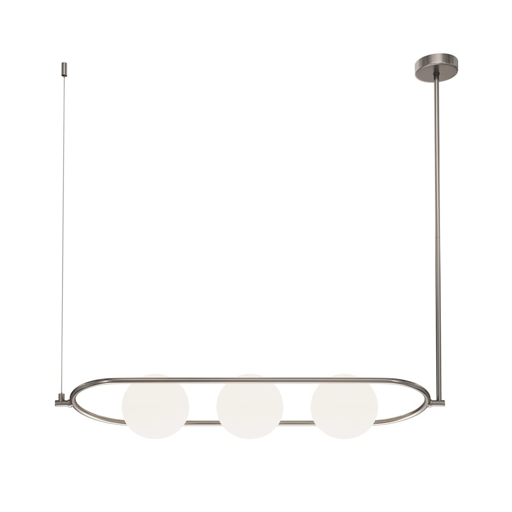 Lampa wisząca Erich 3-punktowa w kolorze niklu z trzema okrągłymi kloszami z białego szkła. Ułożona w poziomie, zawieszona na cienkim przewodzie. Prosty, nowoczesny design, idealna do przestronnych wnętrz.