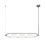 Lampa wisząca Erich 3-punktowa w kolorze niklu z trzema okrągłymi kloszami z białego szkła. Ułożona w poziomie, zawieszona na cienkim przewodzie. Prosty, nowoczesny design, idealna do przestronnych wnętrz.