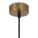 Lampa wisząca 4-punktowa w kolorze mosiądzu, z okrągłym, matowym kloszem. Widoczny czarny kabel, mocowanie do sufitu z widoczną śrubą. Kąt ujęcia z góry, skupiający się na detalu mocowania.