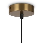 Lampa wisząca 2-punktowa w kolorze mosiądzu, z okrągłym, matowym kloszem i czarnym kablem. Widok z dołu, ukazujący mocowanie do sufitu oraz elementy instalacyjne.