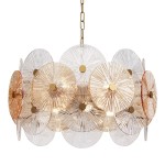 Lampa wisząca Aster MOD007PL-08G, złota, z ośmioma punktami świetlnymi. Składa się z przezroczystych i lekko zabarwionych na złoto okrągłych kloszy z teksturą, osadzonych na metalowej konstrukcji. Zawieszona na łańcuchu.