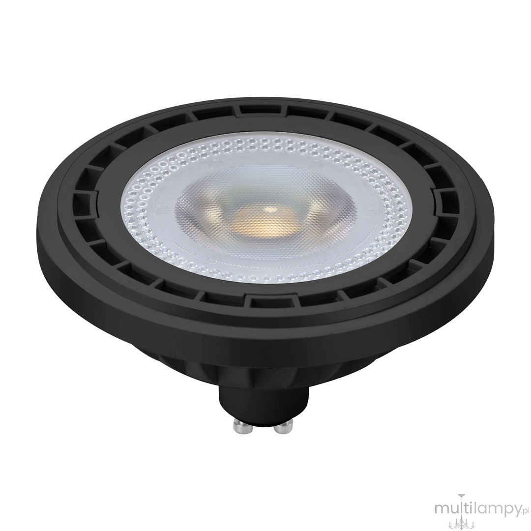 Żarówka LED AR111 GU10 o mocy 10W, barwa światła 4000K, w czarnej obudowie. Okrągły kształt z przezroczystym kloszem, widoczne metalowe styki. Produkt ukazany z boku, zbliżenie na detal klosza.